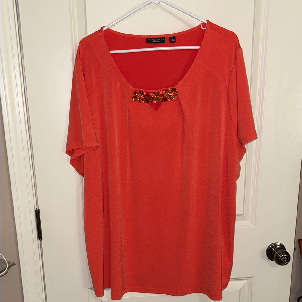 Catherines Vibrant Orange Blouse with Embellished Neckline